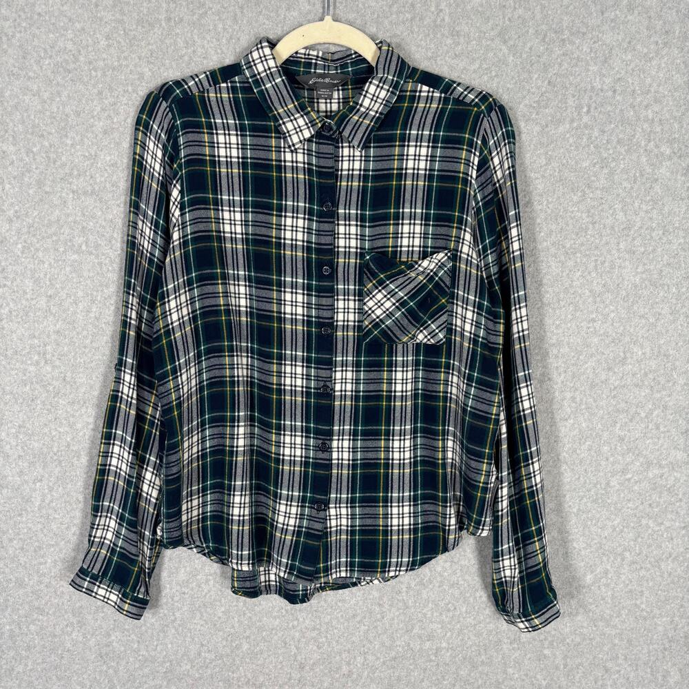 Eddie Bauer Shirt Medium‎ Green Blue Tartan Button Casual GORP Hiking Camping